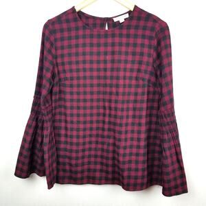 BeachLunchLounge  Bell Sleeve Red/Blk Buffalo Check Top Size Small